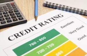 Credit rating chart with score ranges, calculator, and a pen on a wooden desk.