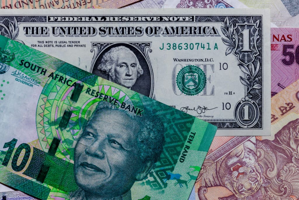 US and South African banknotes.