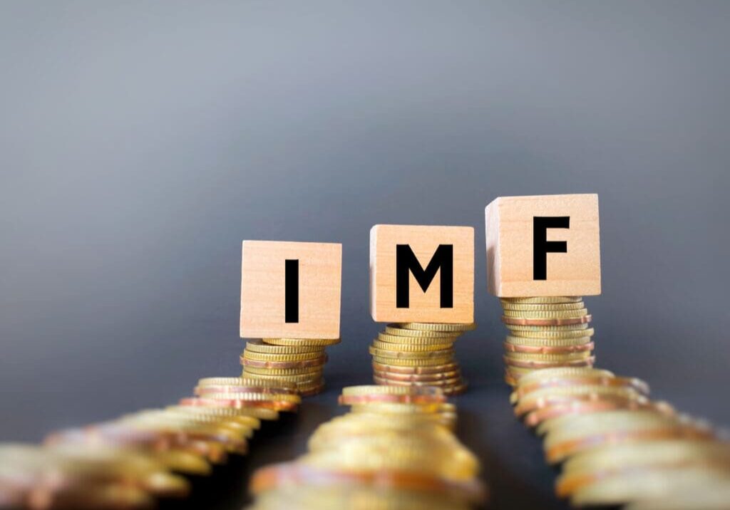 IMF letters on stacked coins.
