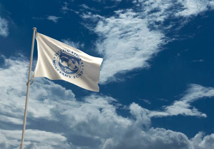International Monetary Fund flag flying.