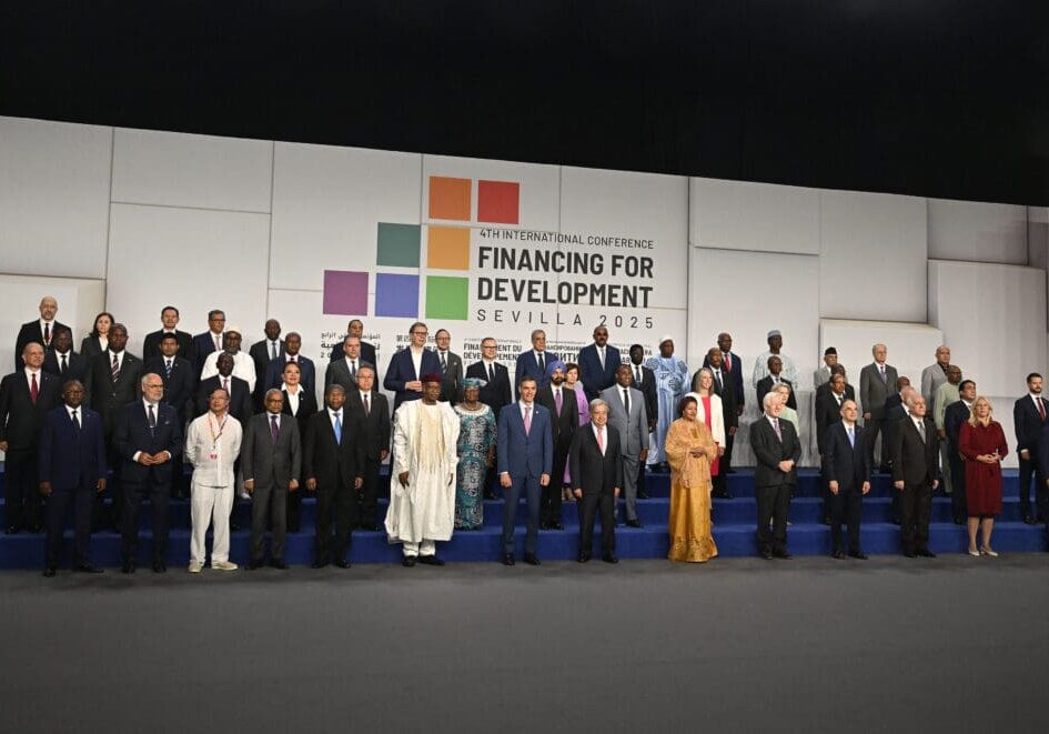 SEVILLE, SPAIN - JUNE 30: Spanish Prime Minister Pedro Sanchez and United Nations Secretary-General Antonio Guterres pose for a family photo with the rest of heads of state and representatives attending the 4th International Conference on Financing for Development in Seville, Spain on June 30, 2025. (Photo by Burak Akbulut/Anadolu via Getty Images)