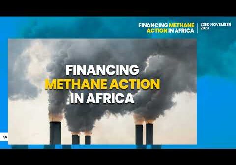 Promotional material for a conference on financing methane action in africa, dated 23rd november 2023, depicting industrial smokestacks emitting pollution.