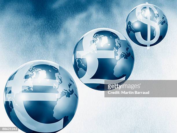 Three glossy globes with currency symbols, representing global finance.