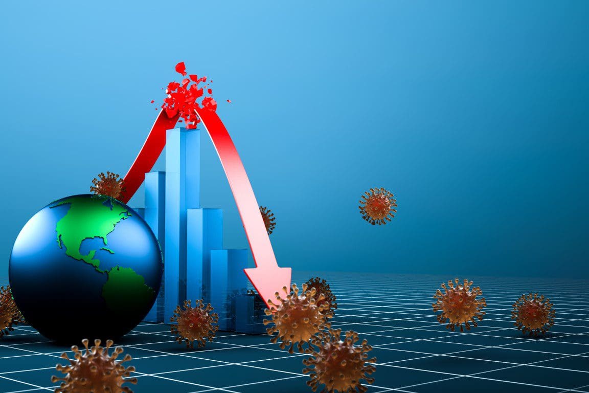 Global economic downturn symbolized by a falling arrow amidst virus particles.