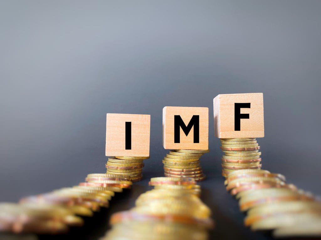Stacks of coins leading to wooden blocks spelling out "imf" against a grey background.