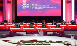 High-level delegates sit at a u-shaped conference arrangement during the g20 finance ministers and central bank governors meeting.