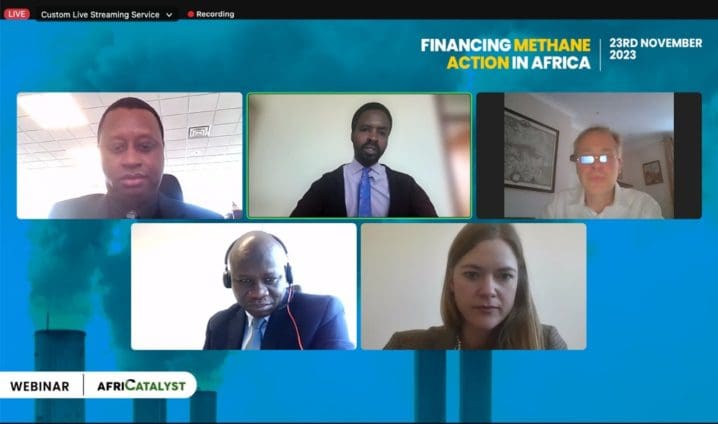 A webinar with five participants discussing the financing of methane action in africa, dated 23rd november 2023.