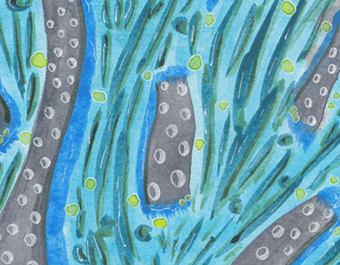 Abstract watercolor painting with blue and green hues, featuring bubble-like patterns and streaks.