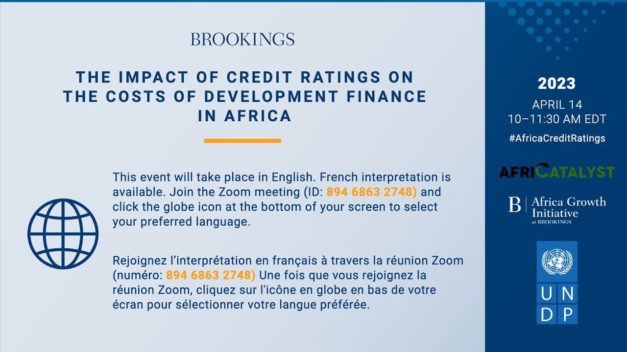 Promotional graphic for a brookings event on "the impact of credit ratings on the costs of development finance in africa" scheduled for april 2013, with details on joining a zoom meeting.