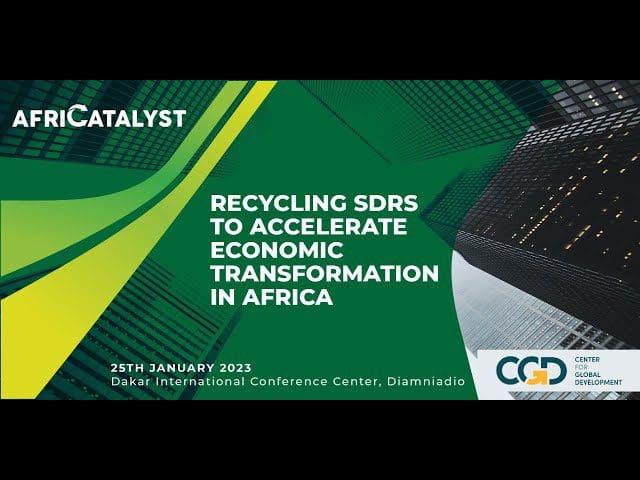 Conference promotional graphic for "recycling sdrs to accelerate economic transformation in africa" held on 25th january 2023 at dakar international conference center, diamniadio.