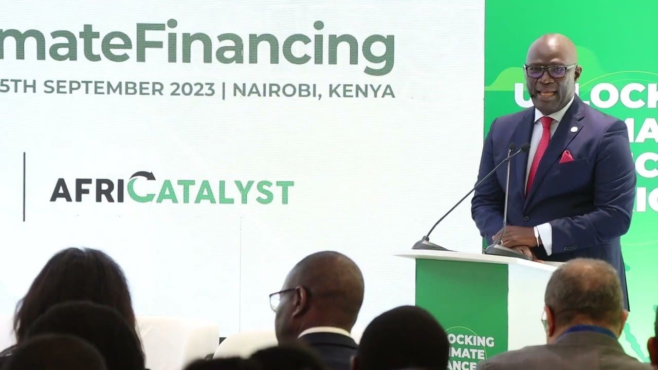 A man speaking at a climate financing conference in nairobi, kenya in september 2023.