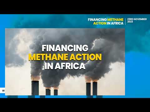 Promotional material for a conference on financing methane action in africa, dated 23rd november 2023, depicting industrial smokestacks emitting pollution.