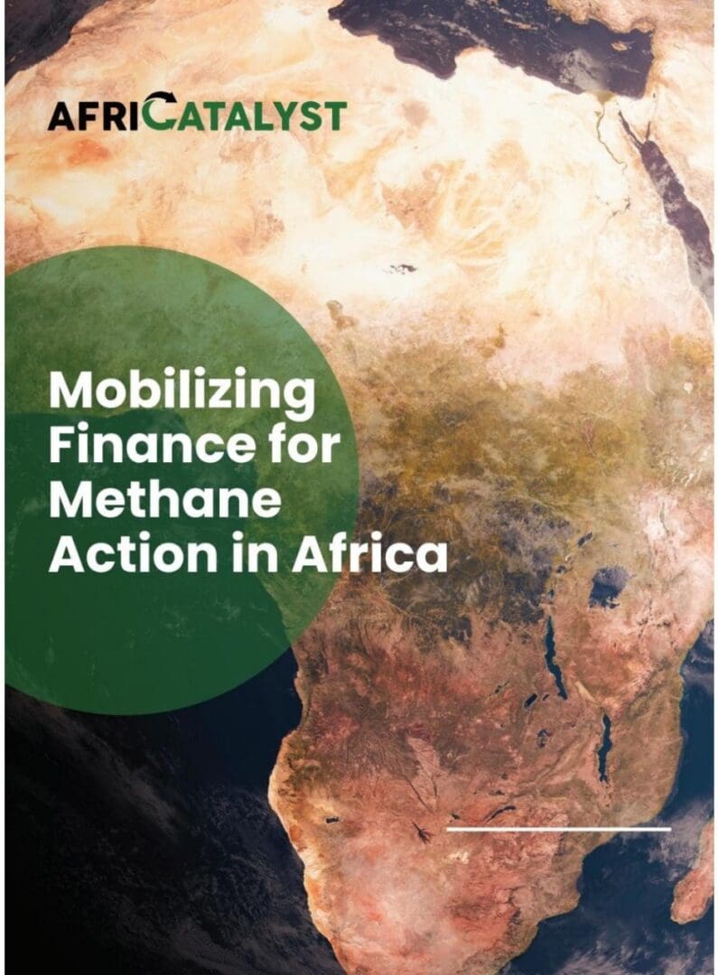 An image displaying a satellite view of africa with the text "africatalyst - mobilizing finance for methane action in africa" overlaying it.