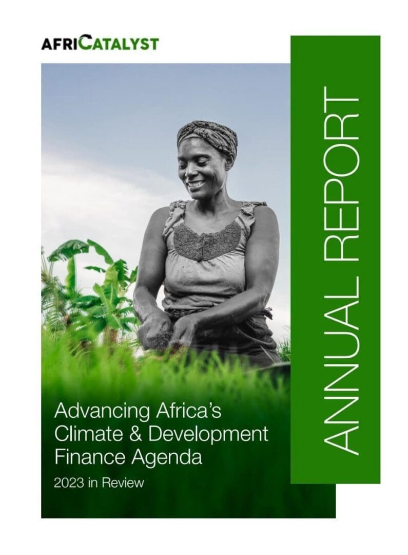 Woman smiling while working in agriculture on the cover of africatalyst's annual report highlighting africa's climate & development finance agenda.