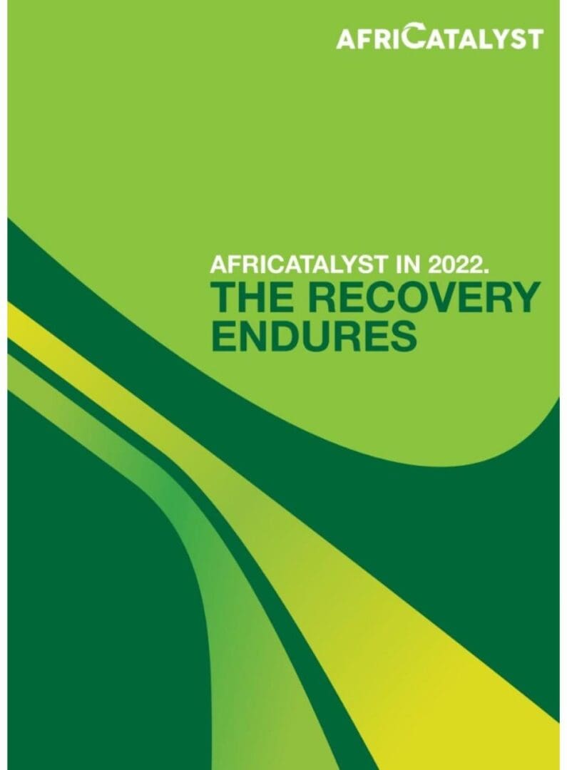 Cover of the africatalyst 2022 report titled "the recovery endures," featuring abstract green and yellow design elements.
