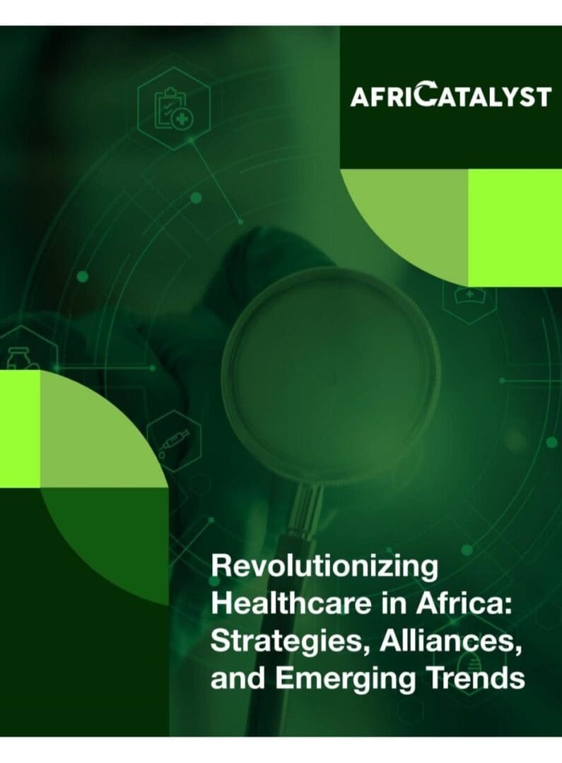 Presentation cover slide on 'revolutionizing healthcare in africa: strategies, alliances, and emerging trends' with a stethoscope graphic.