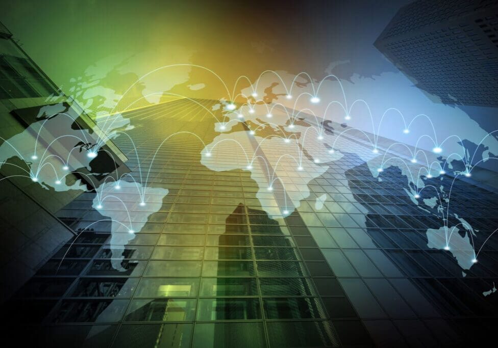 walking business person back view and worldwide network, abstract image visual