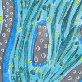 Abstract watercolor painting with blue and green hues, featuring bubble-like patterns and streaks.